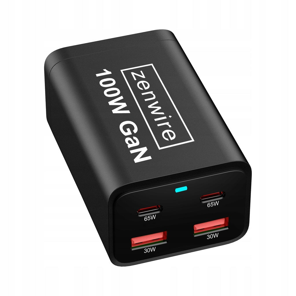 Chargeur secteur, bloc d'alimentation 100 W, adaptateur GaN III, câble secteur, 2 ports USB-C 65 W, 2 ports USB-A, Zenwire YMS-608