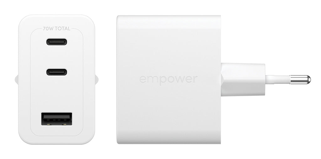 PanzerGlass empower Turbo Chargeur 70W, 2 x USB-C + USB-A, Prise EU, Blanc