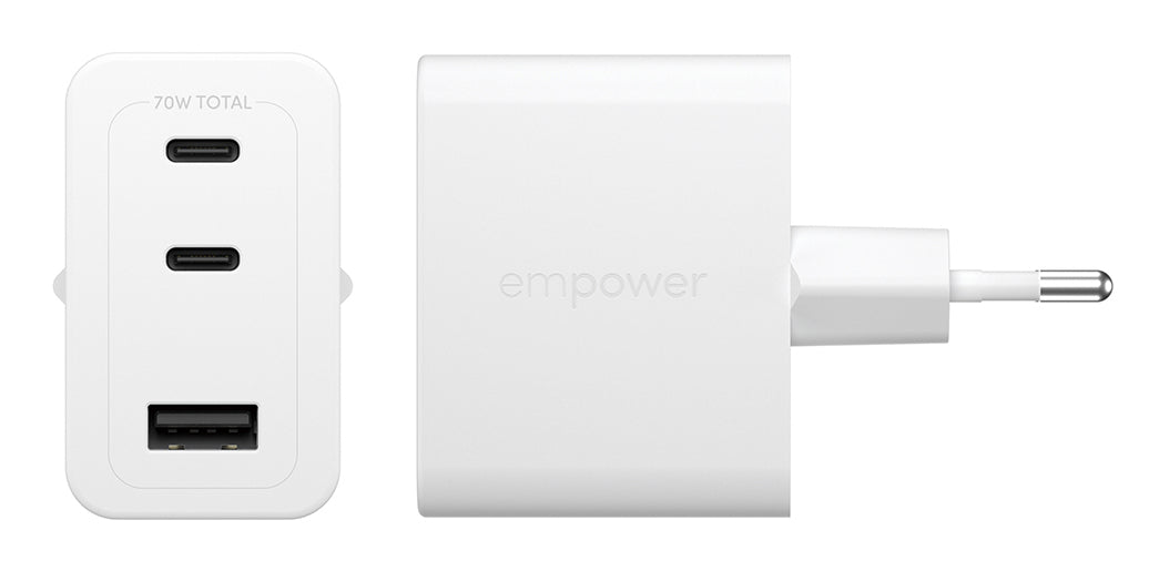 PanzerGlass empower Turbo Chargeur 70W, 2 x USB-C + USB-A, Prise EU, Blanc