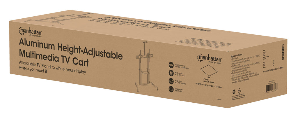 Manhattan Support TV sur Roulettes pour Écrans 37" à 100", VESA 200x200 à 1000x600 mm, Charge 80 kg, Hauteur Réglable 12