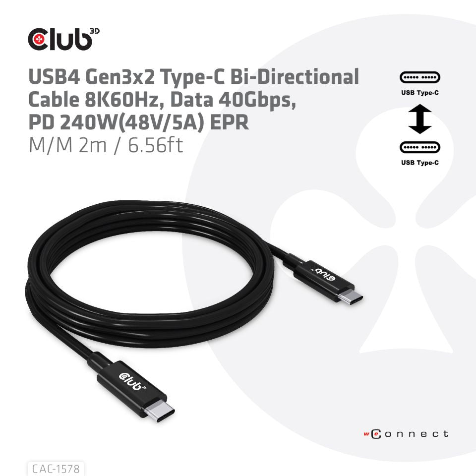 CLUB3D CAC-1578 câble USB USB4 Gen 3x2 2 m USB C 40 Gbit/s 240 W Noir