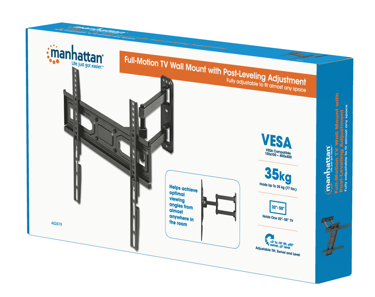 Manhattan Support Mural Articulé pour TV et Moniteurs 32" à 55", VESA 100x100 à 400x400 mm, Charge Max 35 kg, Noir