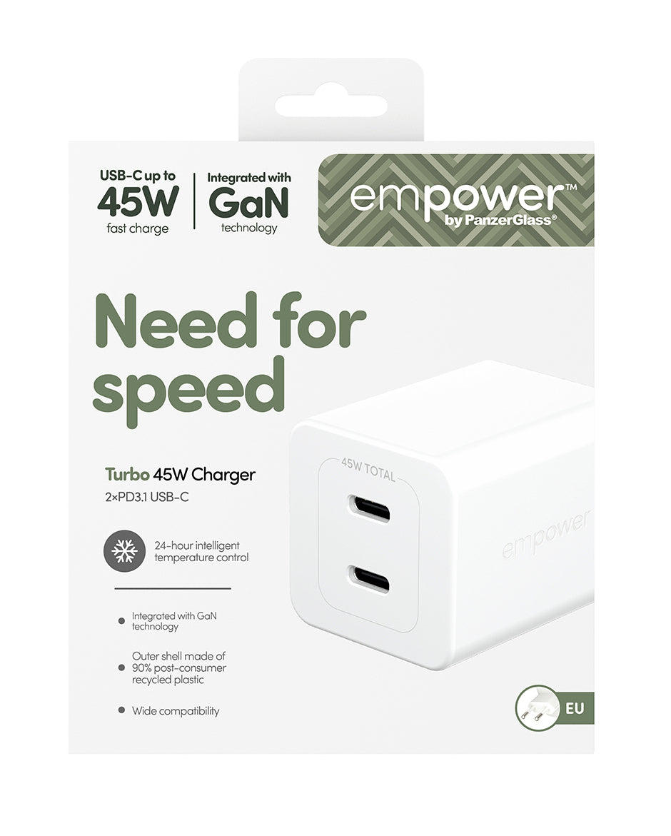 PanzerGlass empower™ by ® Turbo 45W Charger incl. 2 x USB-C | EU Plug | Silver White Smartphone Blanc Secteur Charge rapide Intérieure