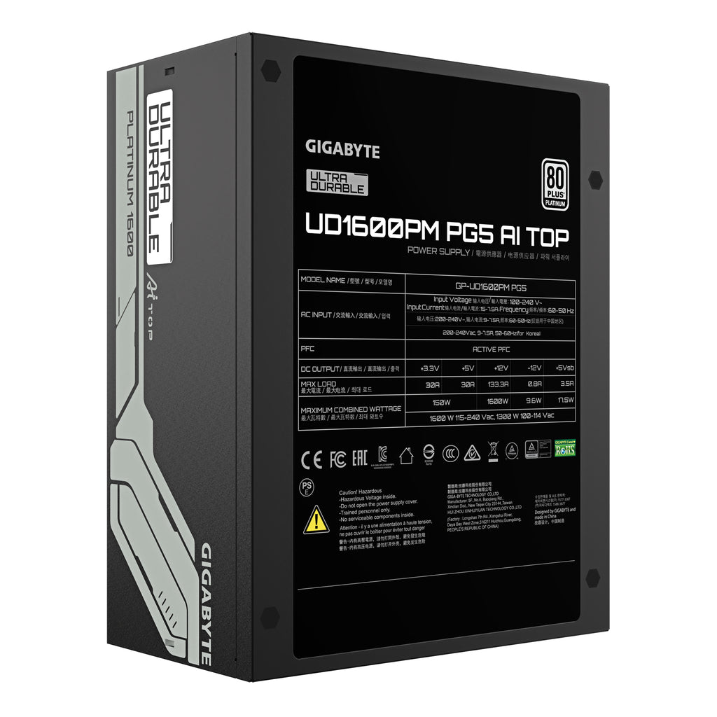 GIGABYTE UD1600PM PG5 AI TOP Bloc d'Alimentation - PCIe 5.0, 80 PLUS Platinum, Design entièrement modulaire, Ventilateur 120 mm, Compatible ATX 3.1, Prise EU
