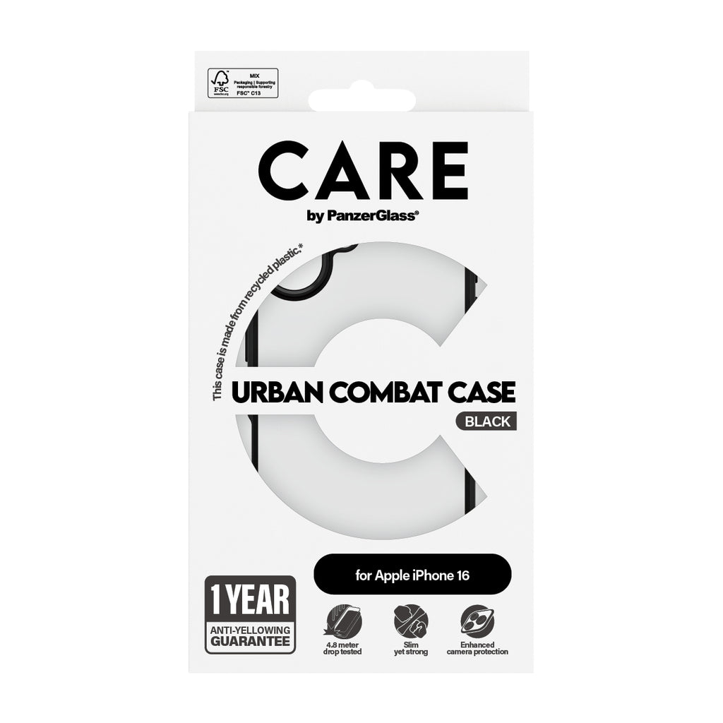 PanzerGlass CARE™ by ® Urban Combat Case Transparent w. Black Frame iPhone 16 coque de protection pour téléphones portables Housse