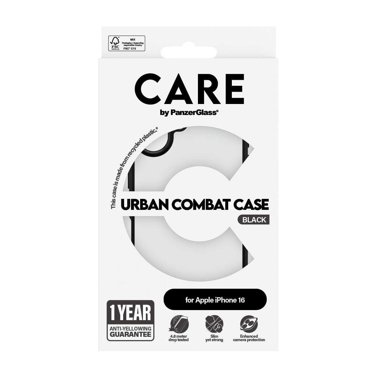 PanzerGlass CARE™ by ® Urban Combat Case Transparent w. Black Frame iPhone 16 coque de protection pour téléphones portables Housse