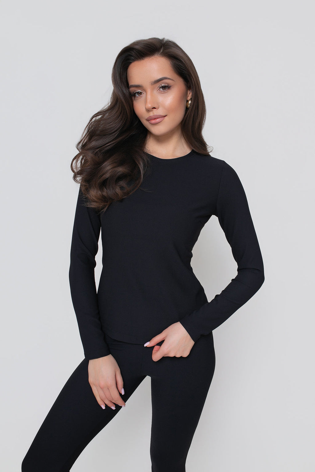 Blouse à manches longues pour femme en jersey fin côtelé - ajustée, extensible