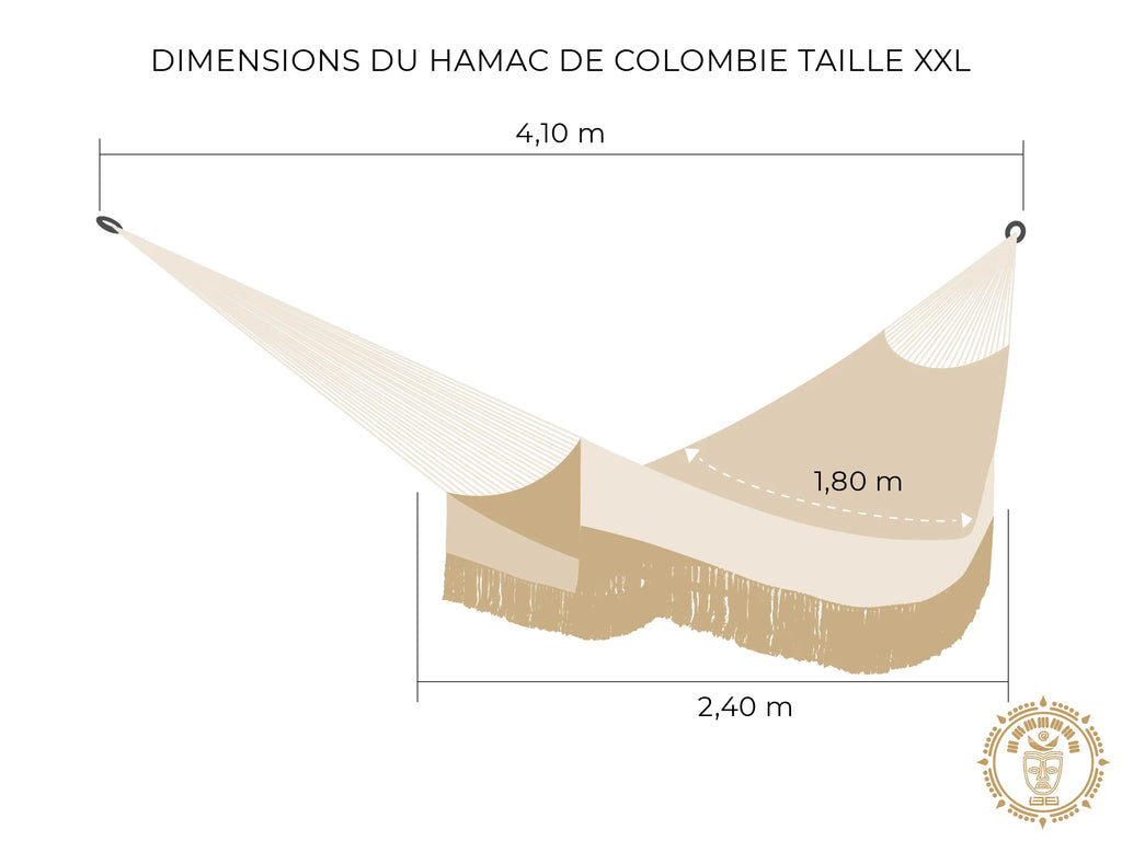 Dessin d'un hamac colombien fait main XXL avec mesures détaillées