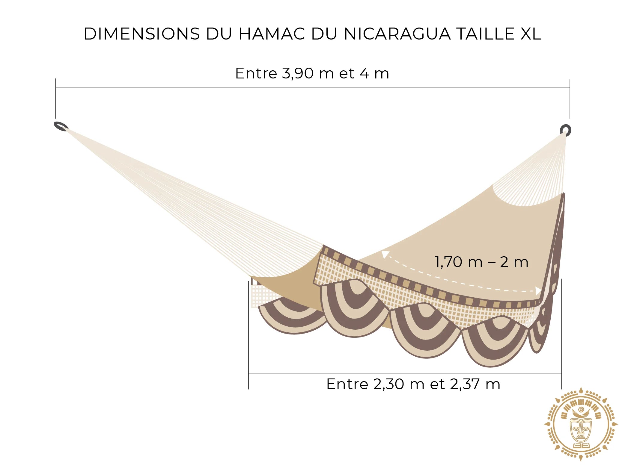 Dessin d'un hamac du Nicaragua fait main XL avec mesures détaillées