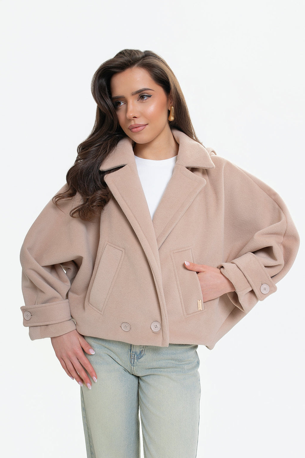 Veste pour femme en molleton avec capuche - coupe kimono, double boutonnage