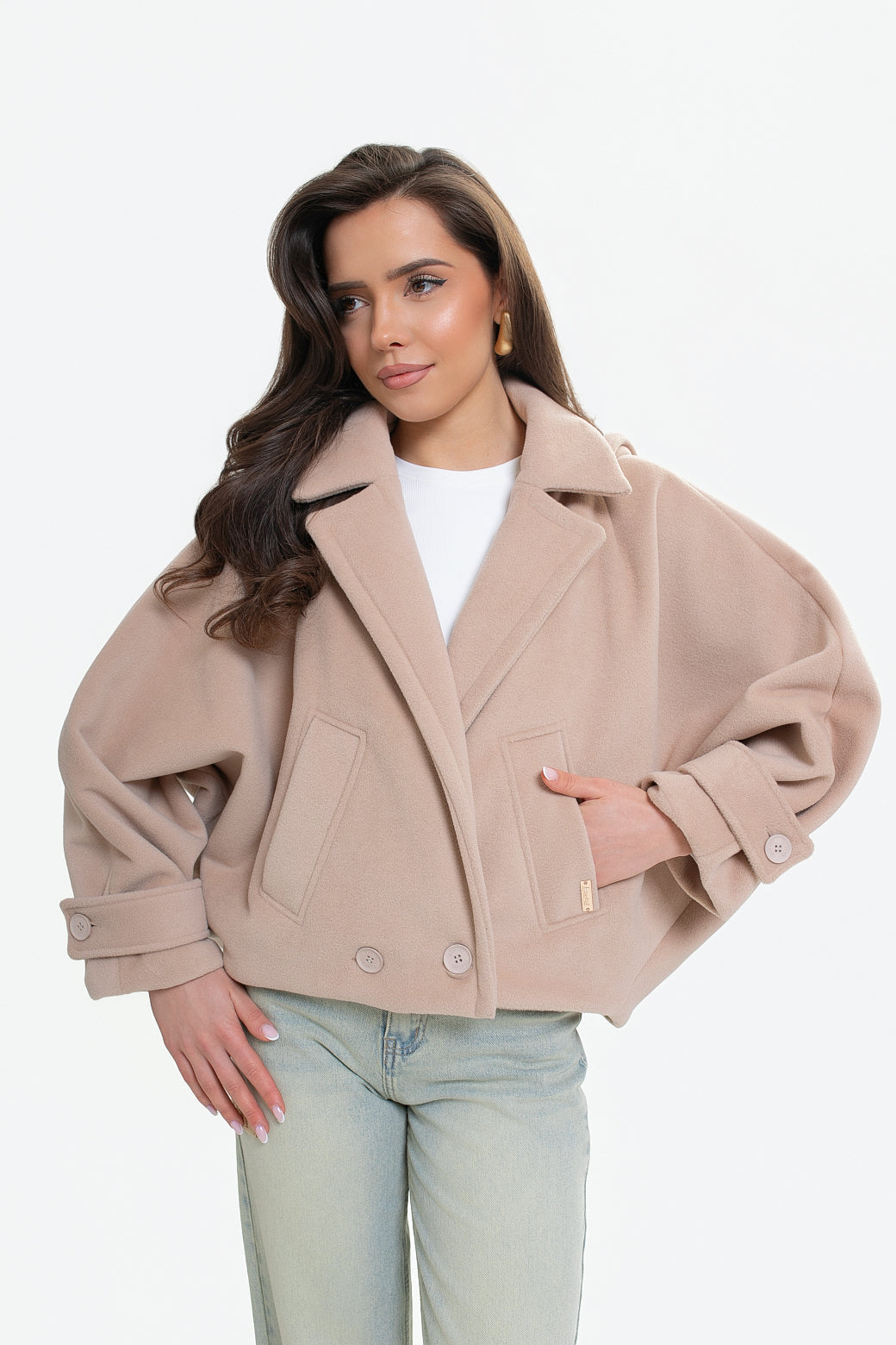 Veste pour femme en molleton avec capuche - coupe kimono, double boutonnage