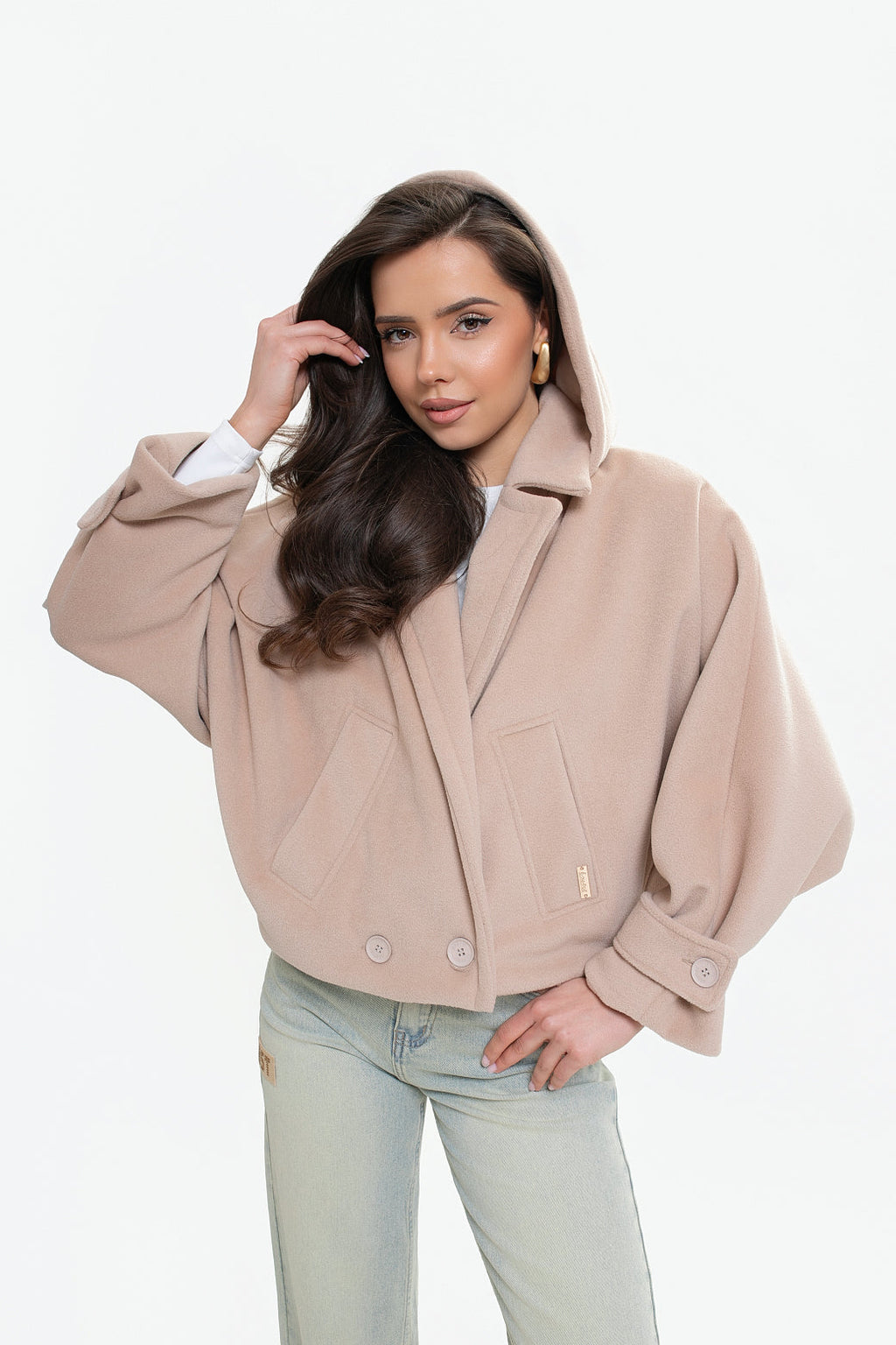 Veste pour femme en molleton avec capuche - coupe kimono, double boutonnage