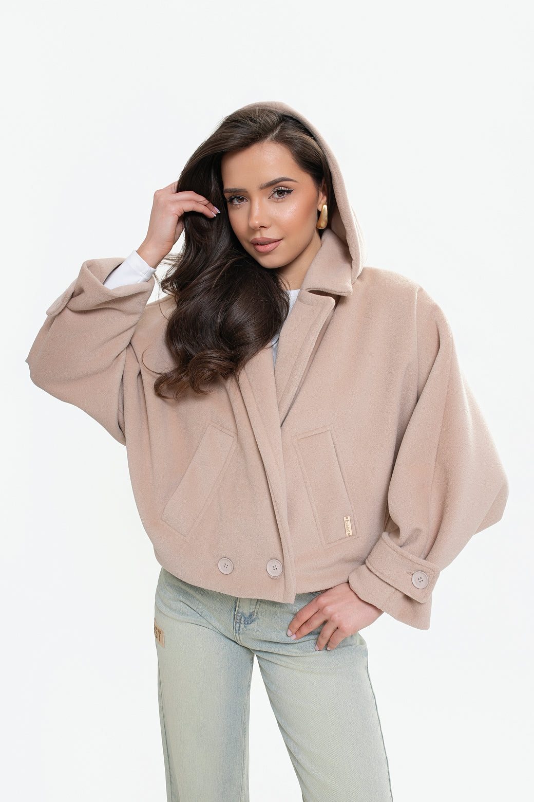 Veste pour femme en molleton avec capuche - coupe kimono, double boutonnage