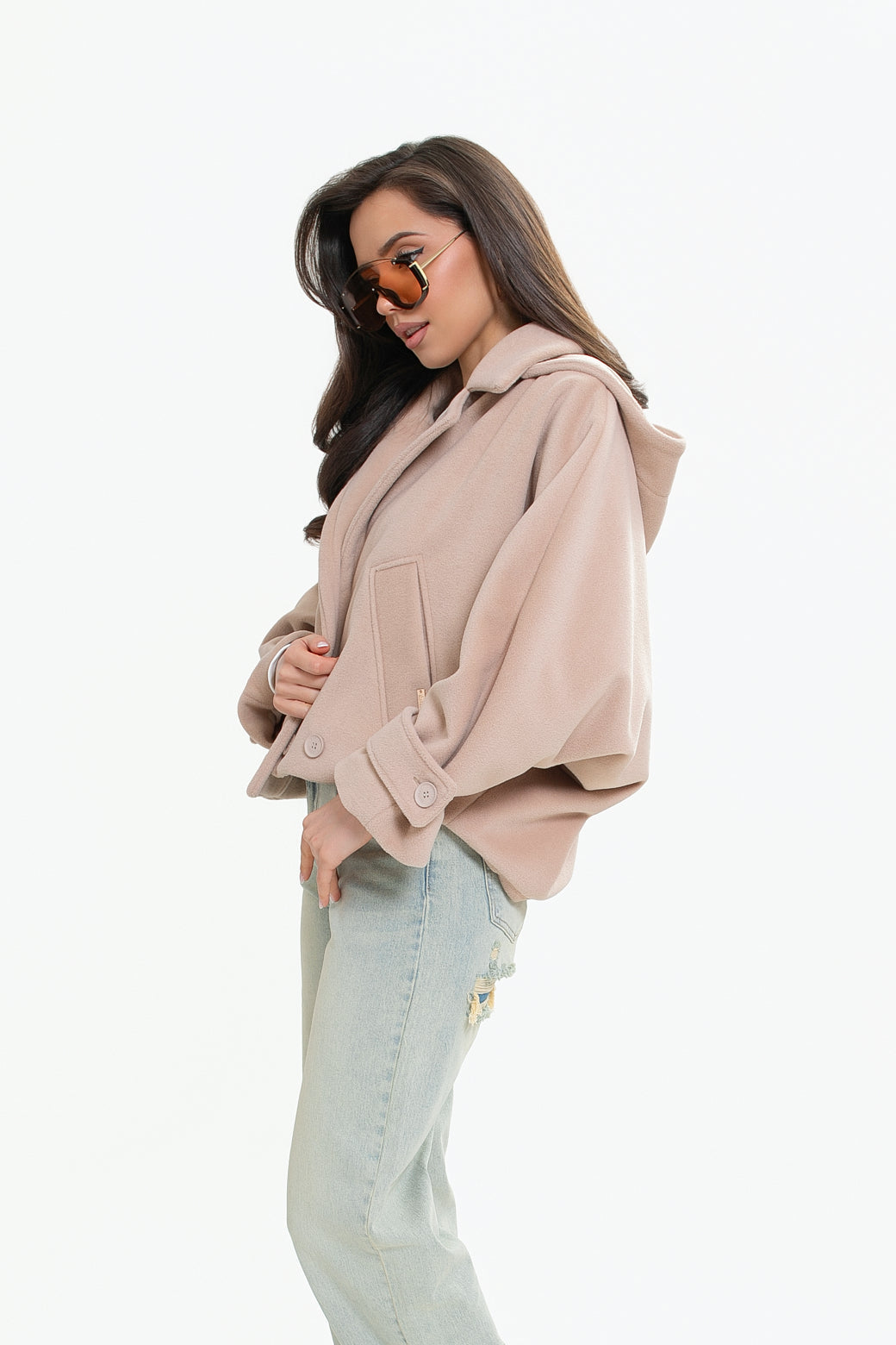 Veste pour femme en molleton avec capuche - coupe kimono, double boutonnage
