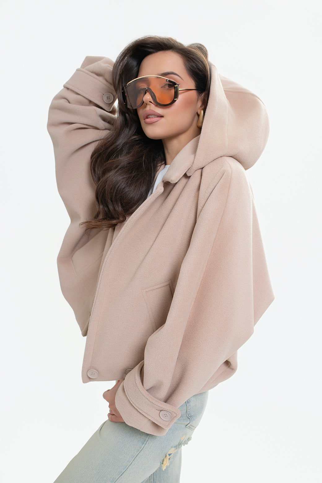 Veste pour femme en molleton avec capuche - coupe kimono, double boutonnage
