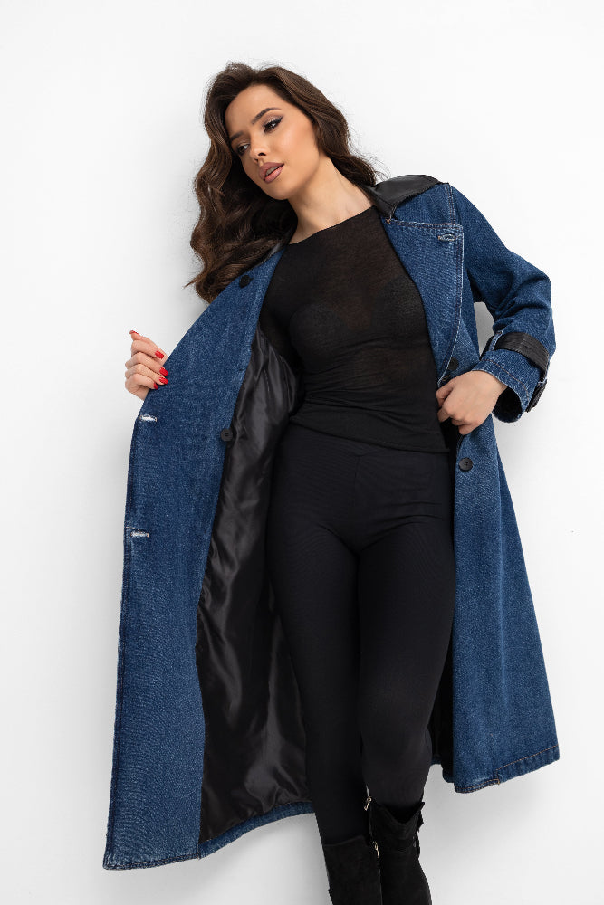 Manteau long en jean - empiècements en simili cuir