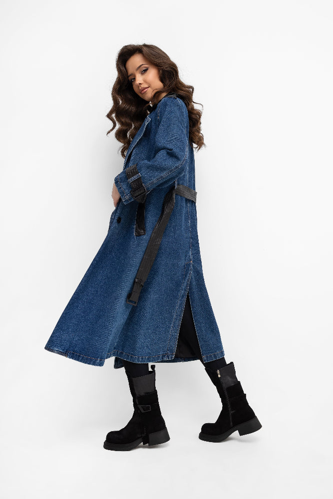 Manteau long en jean - empiècements en simili cuir