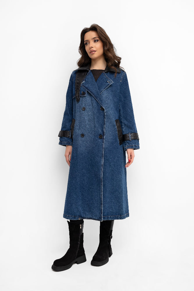 Manteau long en jean - empiècements en simili cuir