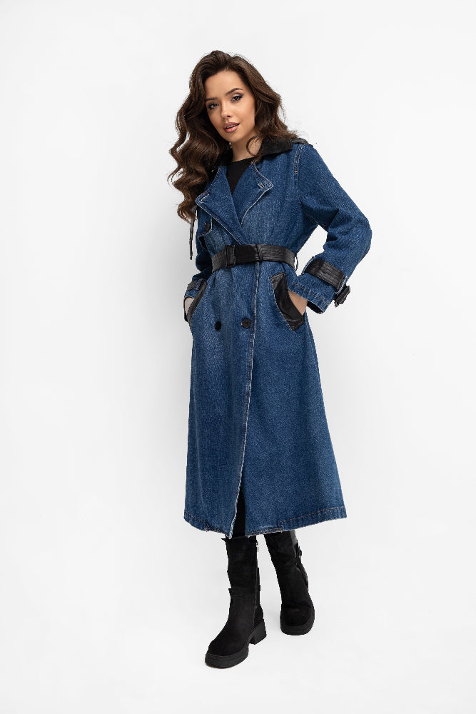 Manteau long en jean - empiècements en simili cuir