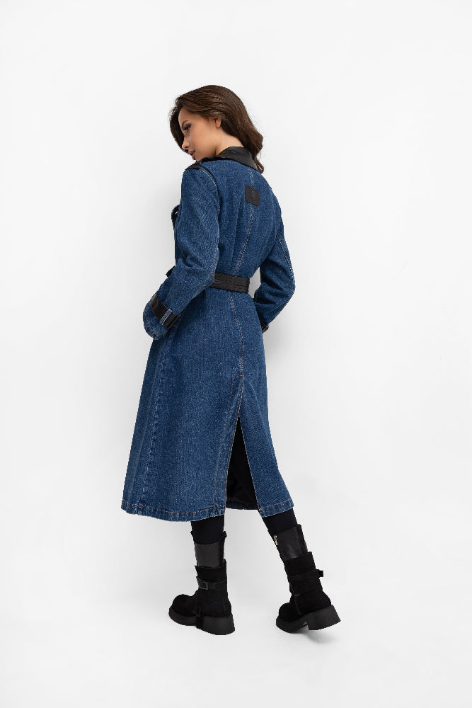 Manteau long en jean - empiècements en simili cuir