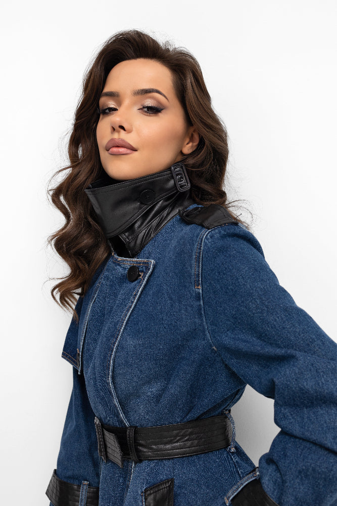 Manteau long en jean - empiècements en simili cuir