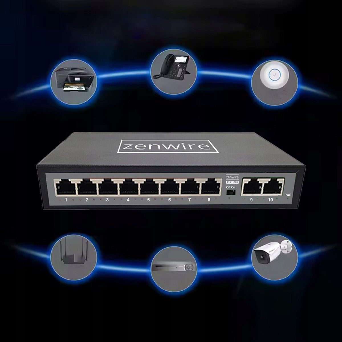 Commutateur répartiteur 10 ports (8 POE) avec 2 ports LAN Ethernet RJ45 pour caméras IP Zenwire 1028
