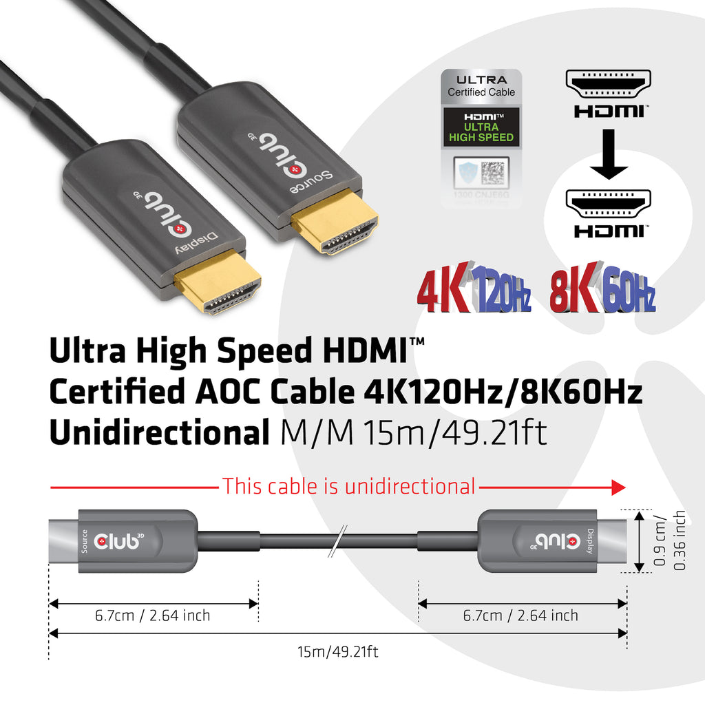 CLUB3D CAC-1377 Câble HDMI 2.1 Standard Type A, 15 m, Noir