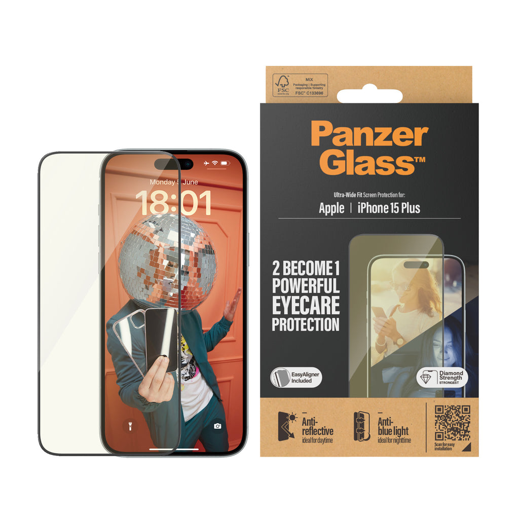 PanzerGlass ® EyeCARE™ Screen Protection iPhone 15 Plus | Ultra-Wide Fit w. EasyAligner Protection d'écran transparent A