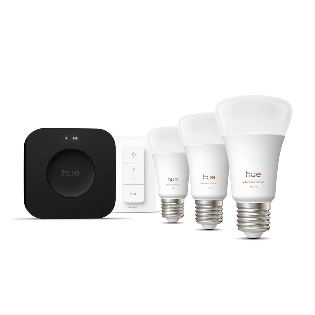 Philips Hue White and Color ambiance Kit de démarrage : trois ampoules connectées E27 + Dimmer Switch + Hue Bridge Pro