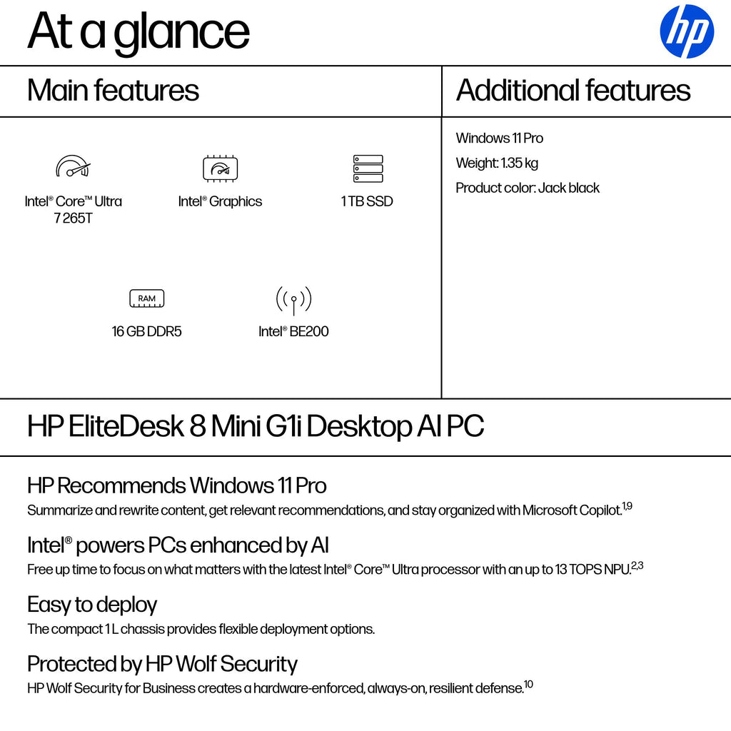 HP EliteDesk 8 G1i AI Mini PC, Intel Core Ultra 7 265T, 16GB RAM, 1TB SSD, Intel Graphics, Windows 11 Pro