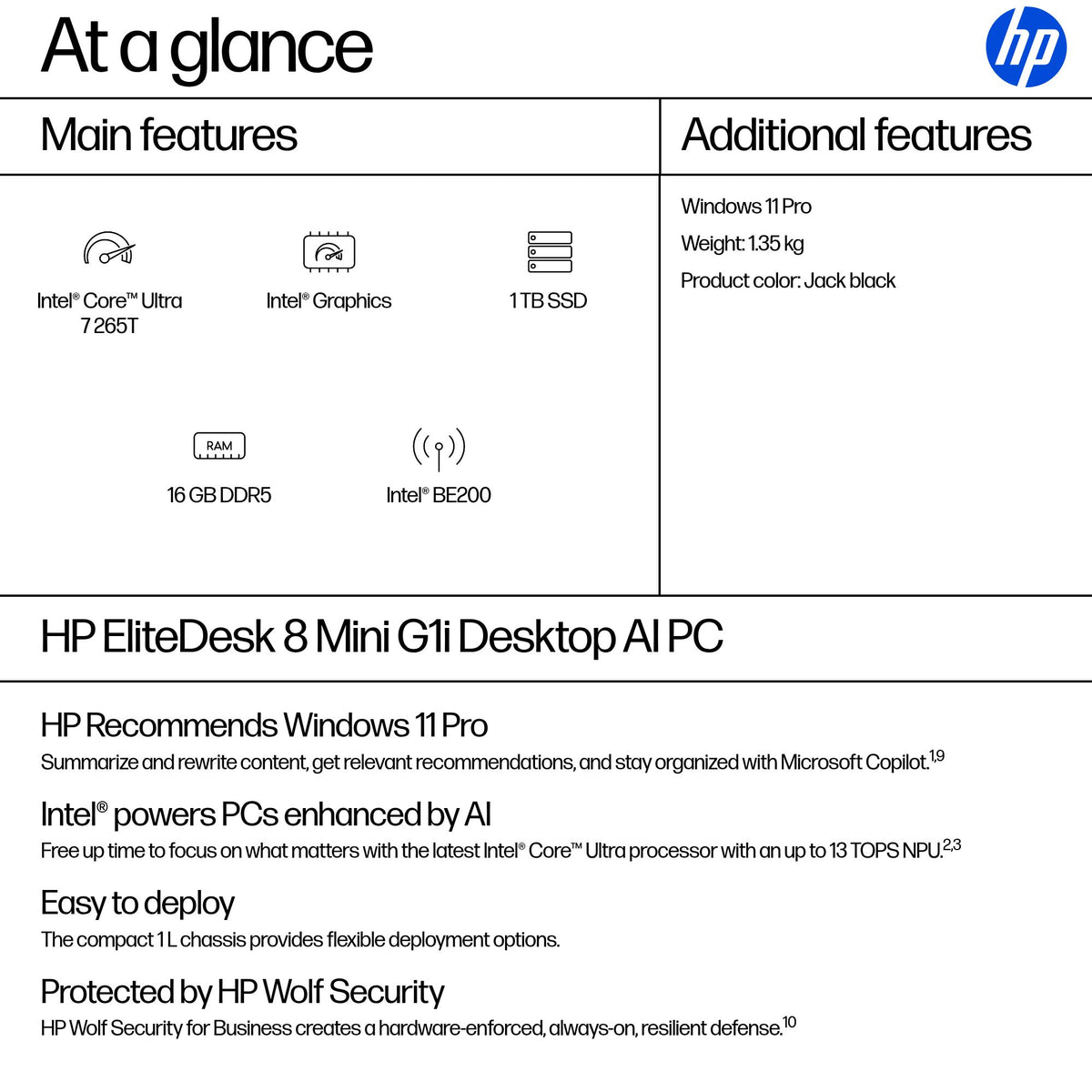 HP EliteDesk 8 G1i AI Mini PC, Intel Core Ultra 7 265T, 16GB RAM, 1TB SSD, Intel Graphics, Windows 11 Pro