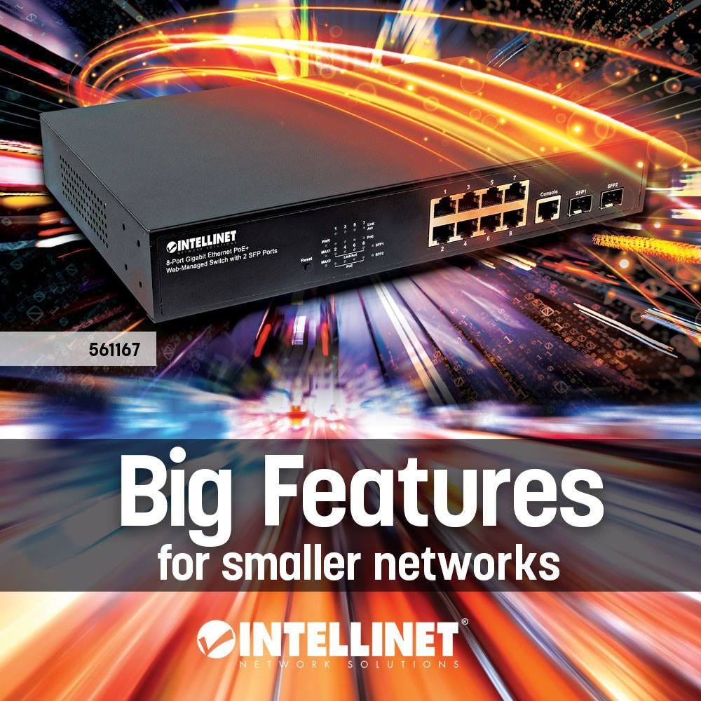 Intellinet Commutateur Gigabit Ethernet PoE+ Administrable 8 Ports, 2 Ports SFP, Budget 140W, Rack 19"