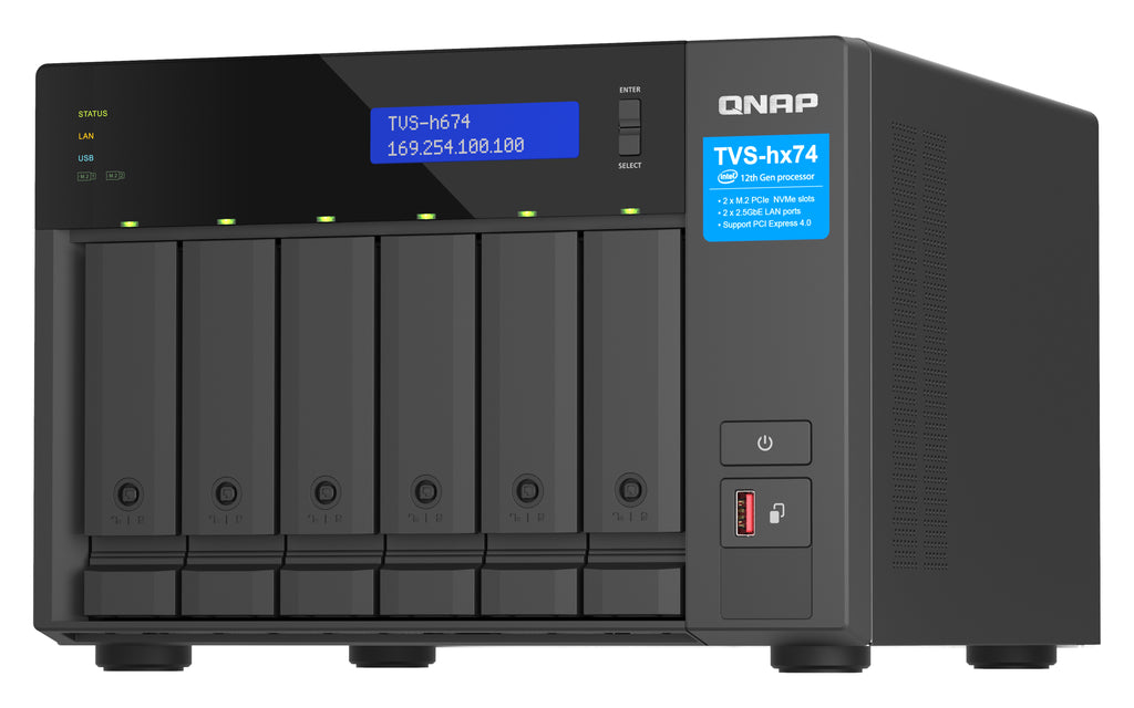 QNAP TVS-H674 NAS Tower Intel® Core™ i5 i5-12400 32 Go DDR4 0 To QuTS hero Noir - vue 6