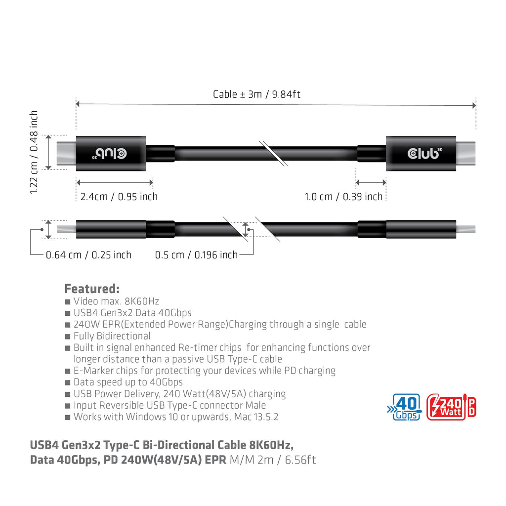CLUB3D CAC-1579 câble USB USB4 Gen 3x2 3 m USB C 40 Gbit/s 240 W Noir