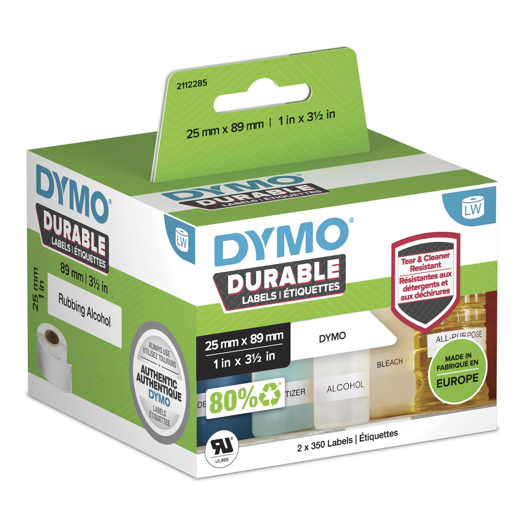 DYMO LW Étiquettes industrielles résistantes | authentique | plastique blanc | 25 x 89 mm | 2 rouleaux de 350 (lot de 70