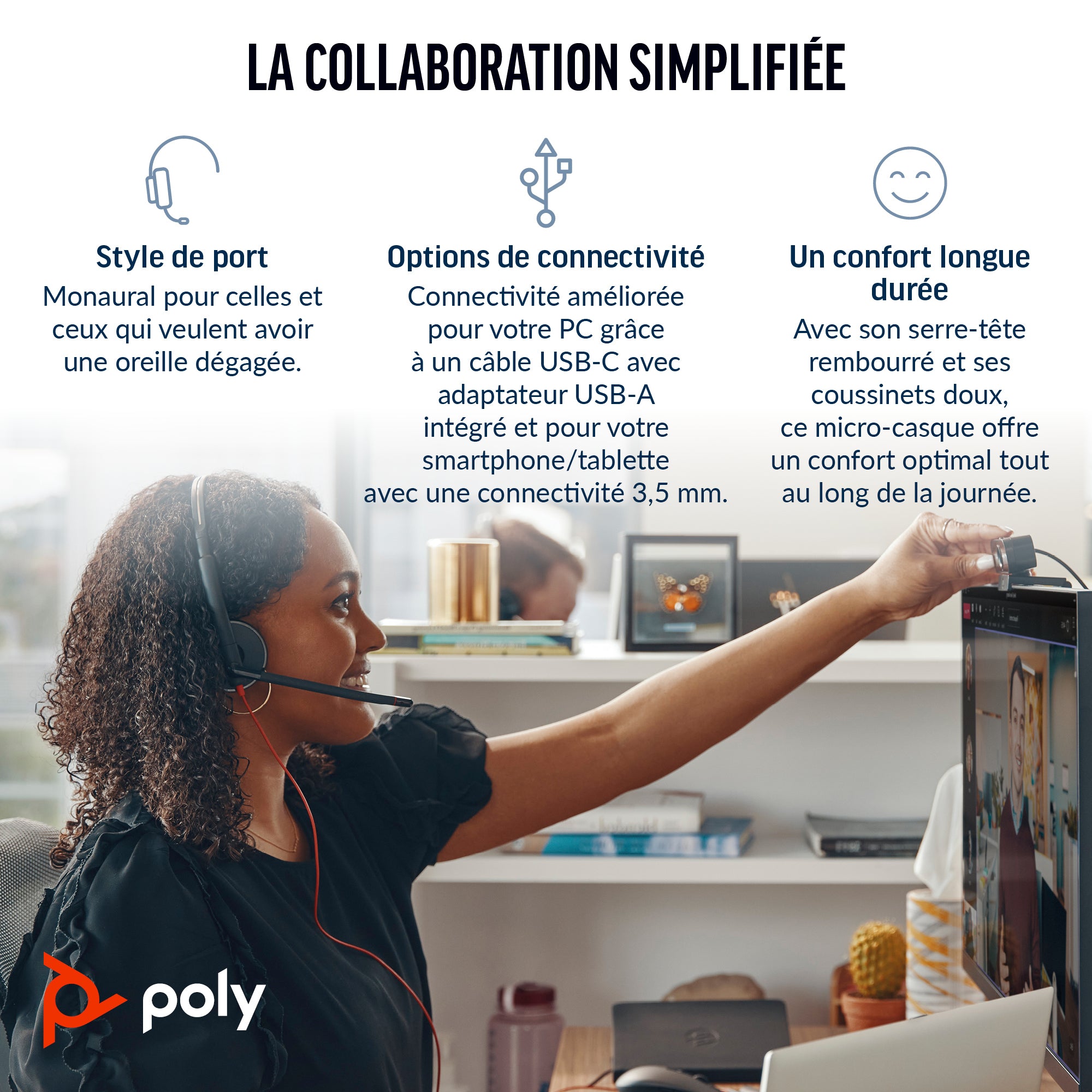 HP Poly Micro-casque Poly Blackwire 3315 monaural USB-C certifié Microsoft Teams + connexion 3,5 mm + adaptateur USB-C/A