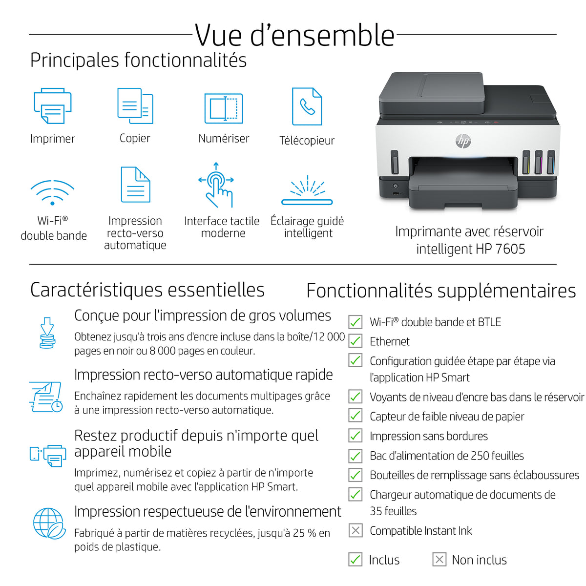 HP Smart Tank 7605 Imprimante Multifonction Couleur Sans Fil, Recto-Verso, Copieur et Scanner