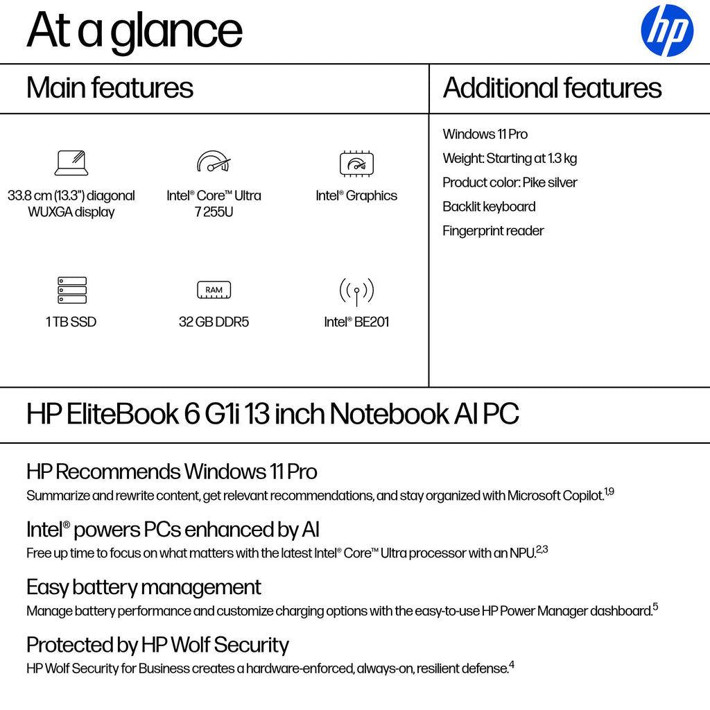 HP EliteBook 6 G1i Notebook AI 13.3 1920 x 1200 (WUXGA) 255U 32GB 1TB Intel Graphics Windows 11 Pro