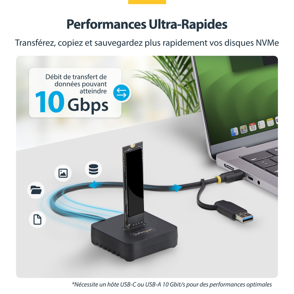 StarTech.com Adaptateur Dock USB-C/USB-A vers M.2 NVMe, 10 Gbps, Lecteur SSD Externe Sans Outil, B+M/M-Key