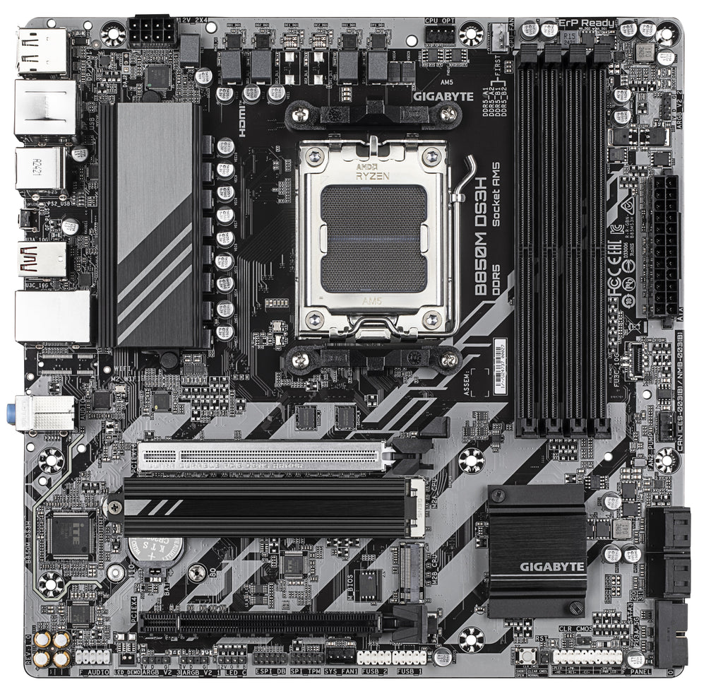 GIGABYTE B850M DS3H Carte Mère - Processeurs AMD Ryzen Série 9000, 16+2+2 phases VRM numériques, jusqu'à 8200MHz DDR5 (OC), 1xPCIe 5.0 + 1xPCIe 4.0 M.2, LAN 2.5, USB 3.2 Gen 2