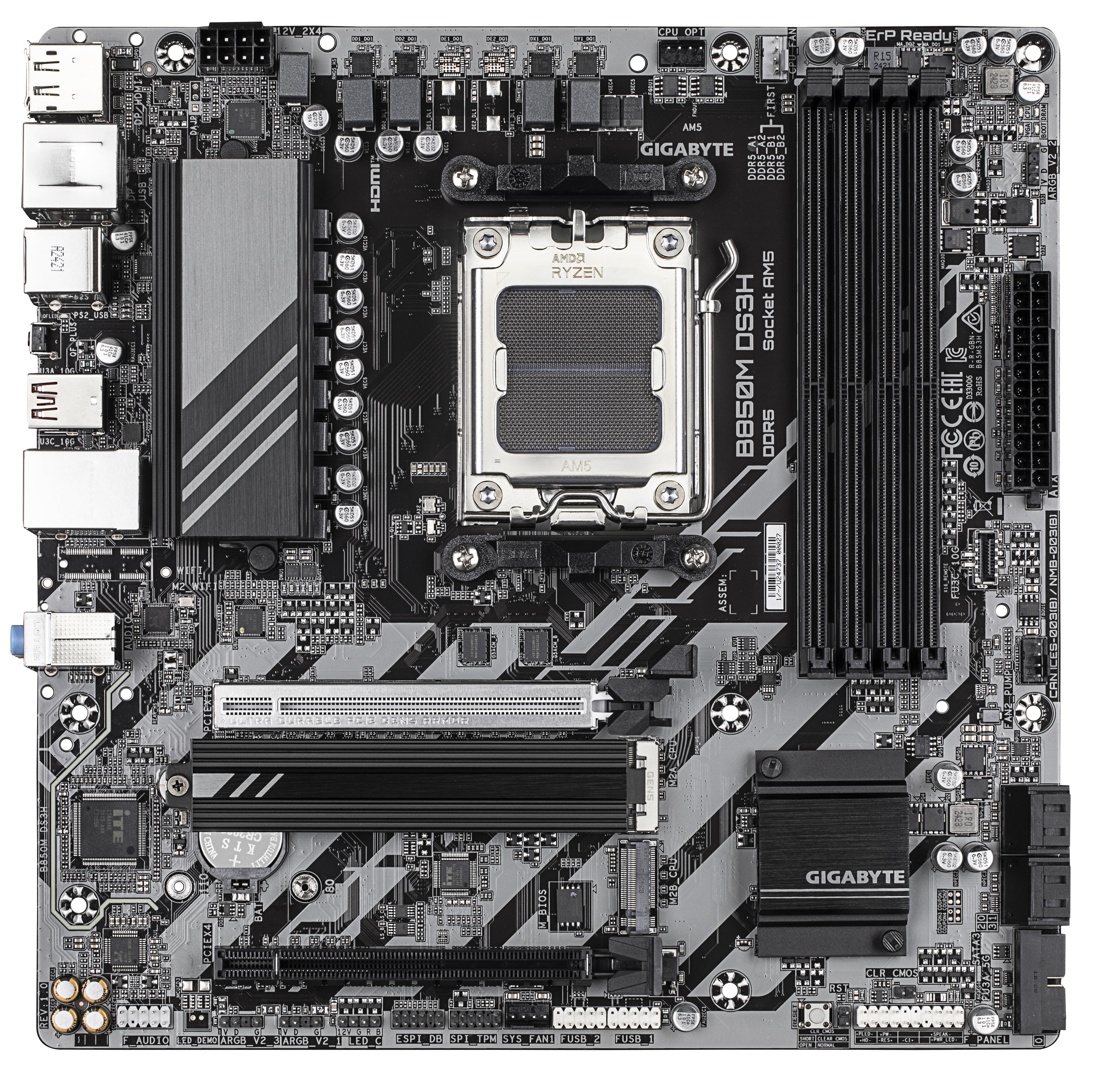 GIGABYTE B850M DS3H Carte Mère - Processeurs AMD Ryzen Série 9000, 16+2+2 phases VRM numériques, jusqu'à 8200MHz DDR5 (OC), 1xPCIe 5.0 + 1xPCIe 4.0 M.2, LAN 2.5, USB 3.2 Gen 2