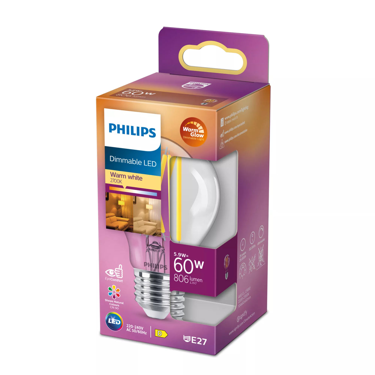 Philips Ampoule transparente à filament 60 W A60 E27