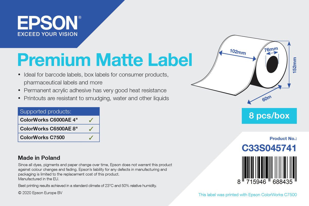 Epson Étiquettes Premium Matte en Rouleau Continu, 102mm x 60m