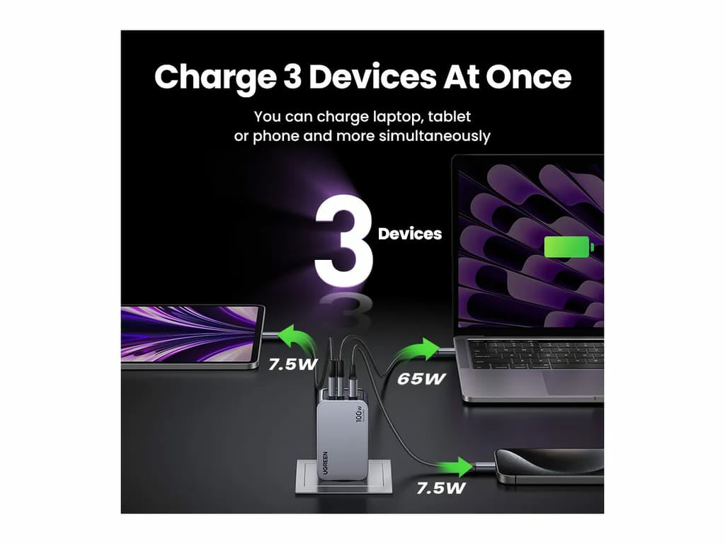 Ugreen Nexode Pro EU 3-Port GaN PD Fast Charger With USB-C Cable Universel Noir, Gris Secteur Charge rapide Intérieure