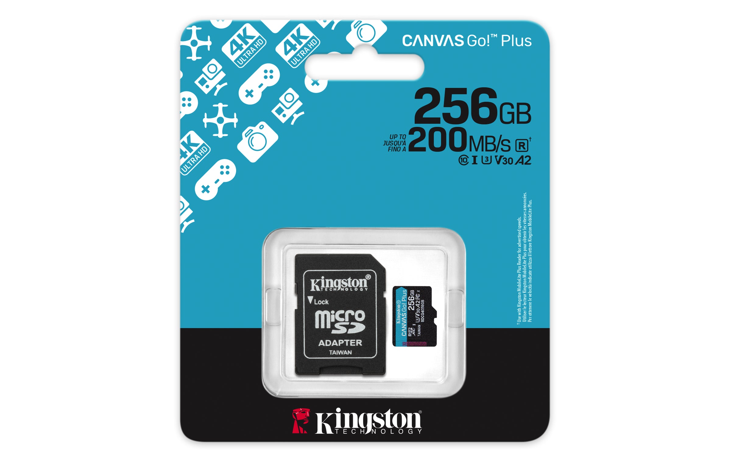 Kingston Technology Carte microSDXC Canvas Go Plus Gen4 200 Mo/s A2 U3 V30 256 Go + adaptateur