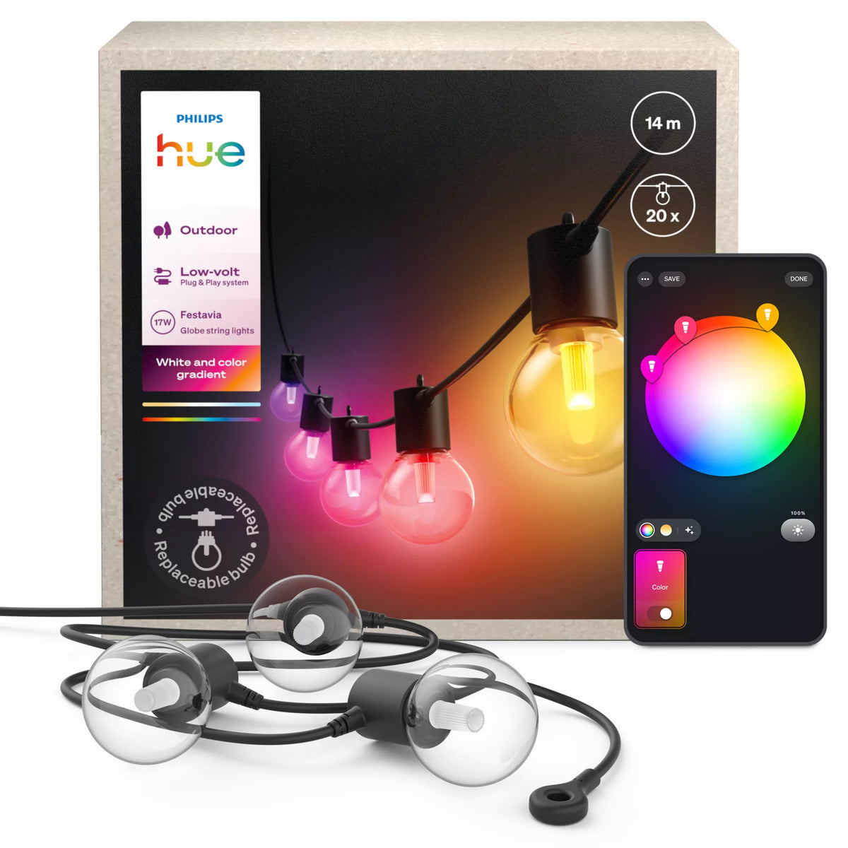 Philips Hue White and Color ambiance Guirlandes lumineuses extérieures à globes Hue Festavia 14 m