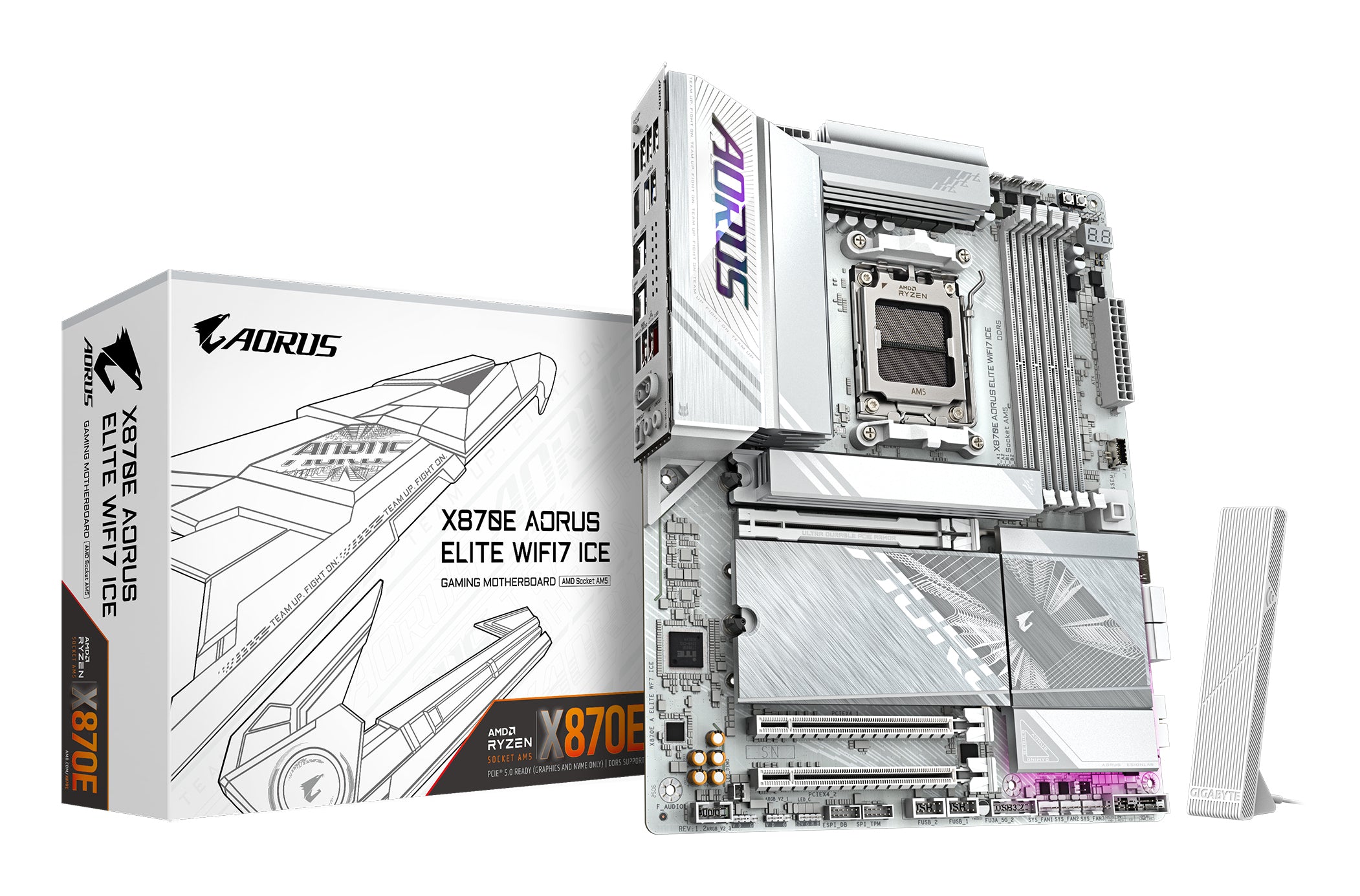 GIGABYTE X870E AORUS ELITE WIFI7 ICE Carte mère - Prend en charge les processeurs AMD Ryzen 9000, VRM numérique 16+2+2 phases, jusqu'à 8200 MHz DDR5 (O.C.), 3x PCIe 5.0 + 1x PCIe 4.0, Wi-Fi 7, LAN 2.5 GbE, USB 4
