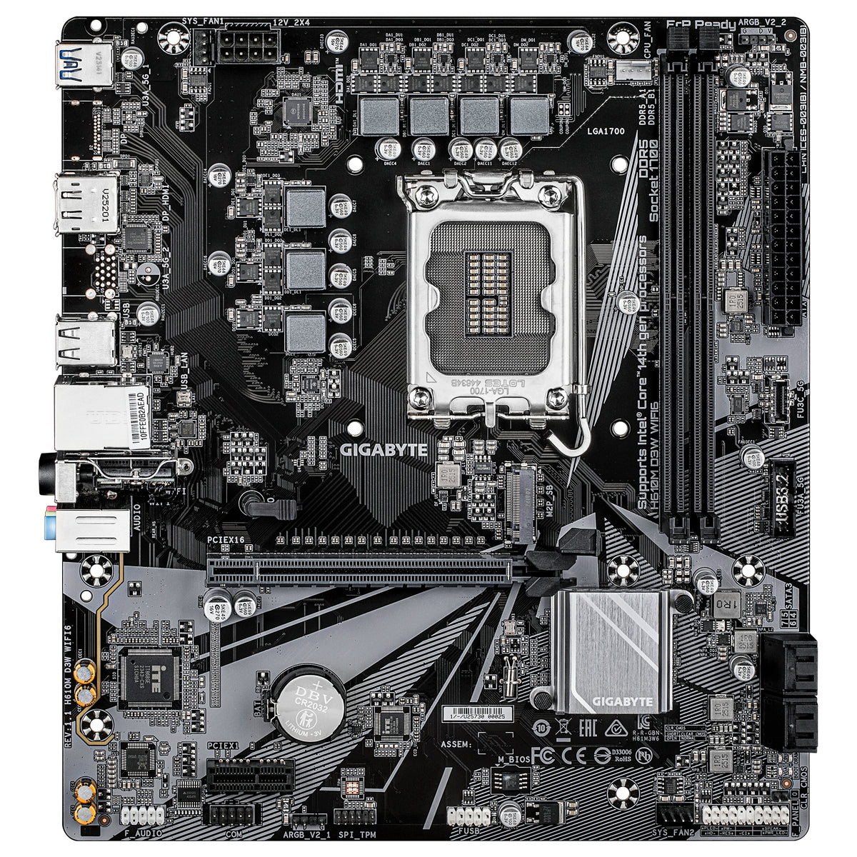 GIGABYTE H610M D3W WIFI6 Carte Mère - Prend en charge les processeurs Intel Core 14e génération, VRM 5+1+1 phases, jusqu’à 5600MHz DDR4, 1xPCIe 3.0 M.2, Wi-Fi 6, LAN 1GbE, USB 3.2 Gen 1