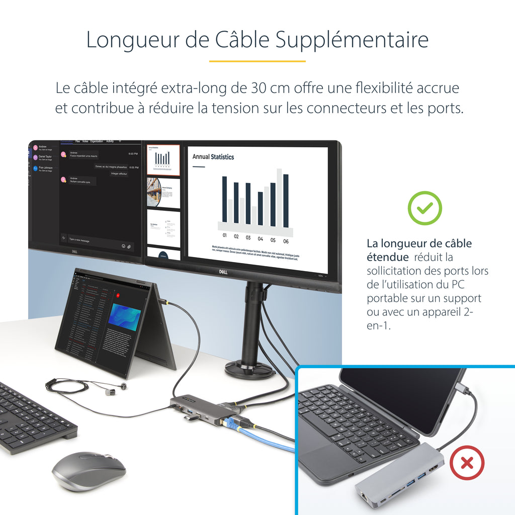 StarTech.com Adaptateur Multiport USB-C Triple Moniteur, Double HDMI et DisplayPort 4K 60Hz/30Hz, Hub USB 4 Ports, 100W 