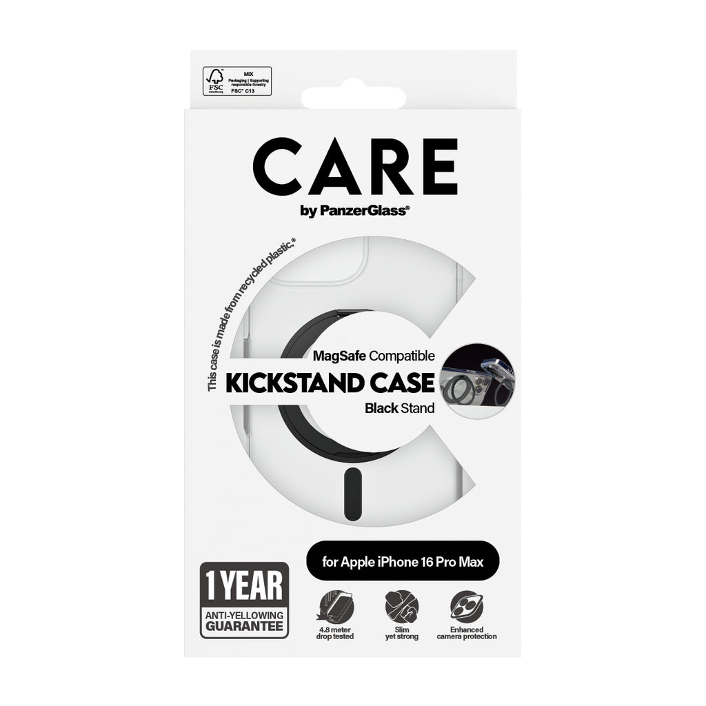 PanzerGlass CARE Coque Transparente avec Support Noir et MagSafe pour iPhone 16 Pro Max